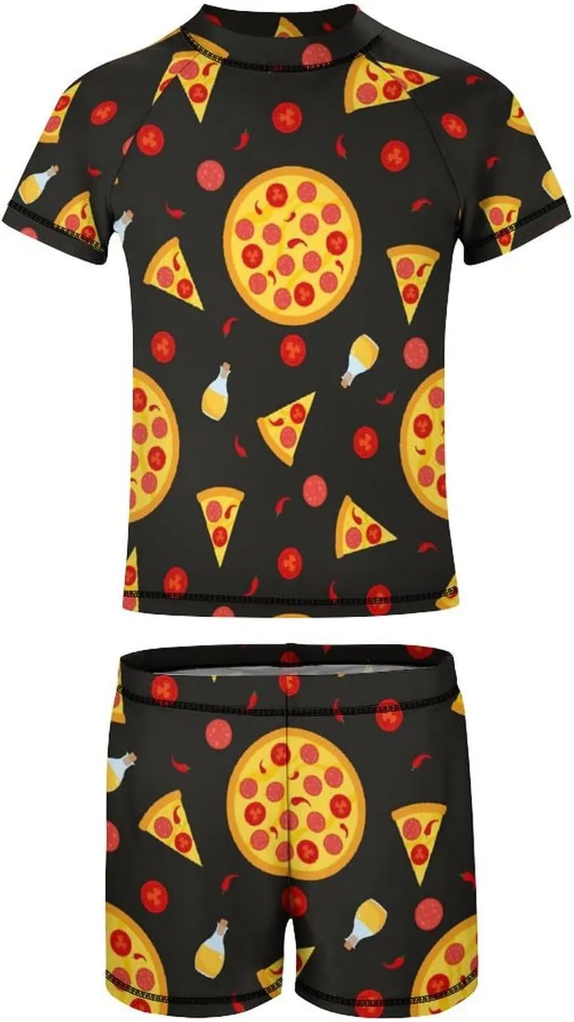 Boys Two Piece Rash Guard Swimsuits Pepperoni Pizza Food Kids Short Sleeve Sunsuit Swimwear Sets