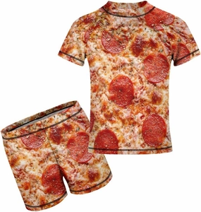 Boys Two Piece Rash Guard Swimsuits Pepperoni Pizza Food Kids Short Sleeve Sunsuit Swimwear Sets