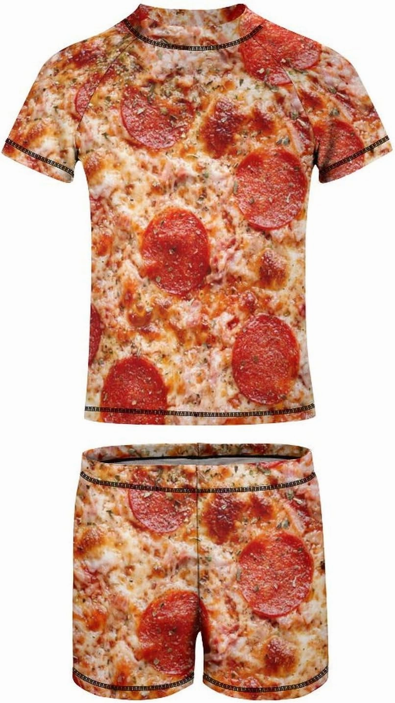 Boys Two Piece Rash Guard Swimsuits Pepperoni Pizza Food Kids Short Sleeve Sunsuit Swimwear Sets