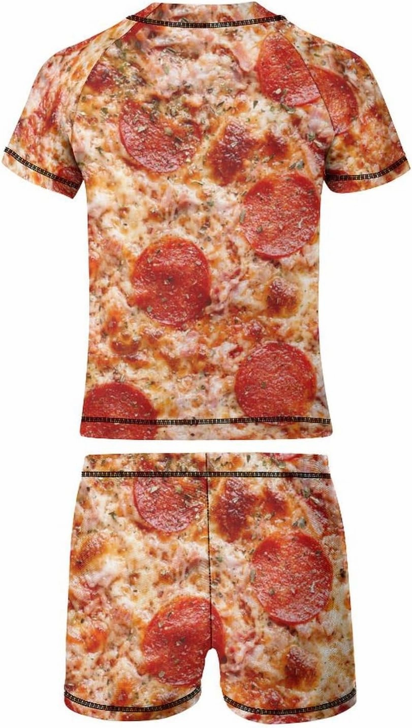 Boys Two Piece Rash Guard Swimsuits Pepperoni Pizza Food Kids Short Sleeve Sunsuit Swimwear Sets
