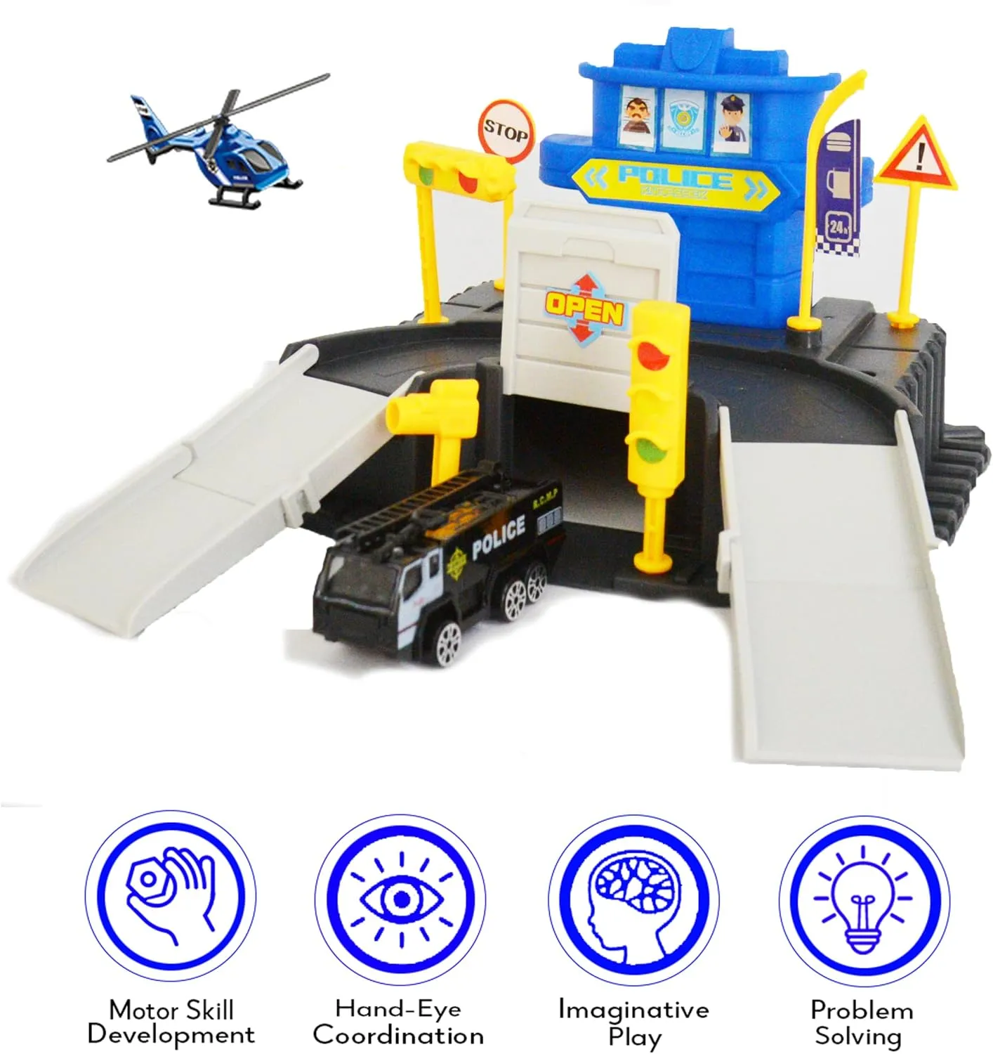 BPC Toy Garage Set 2 Level Double Story Police Station Parking Garage Play Set with Police Car and Helicopter