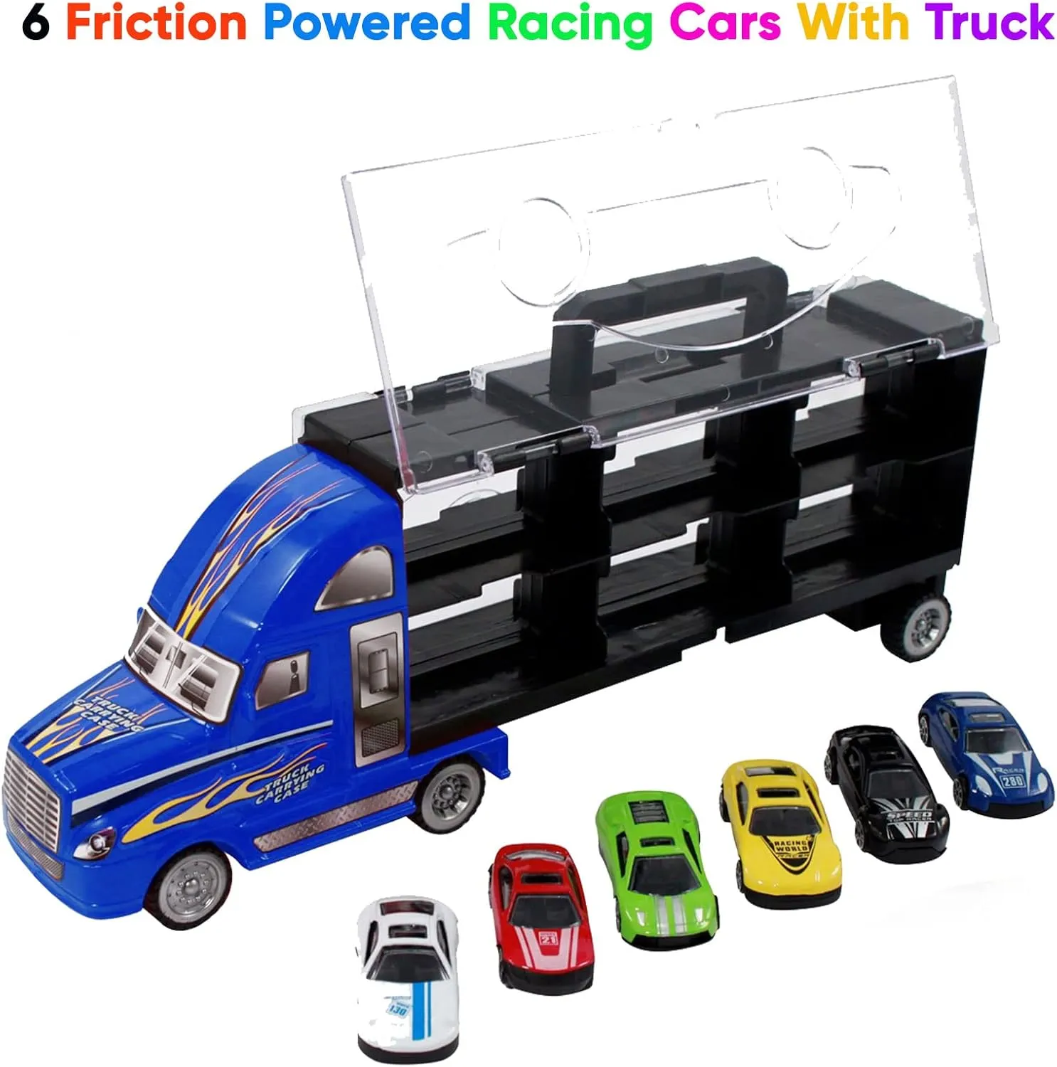 BPC Truck Transporter Car Carrier with 6 Vibrant Colorful Toy Metal Cars, Excellent Gift for Boys/Girls
