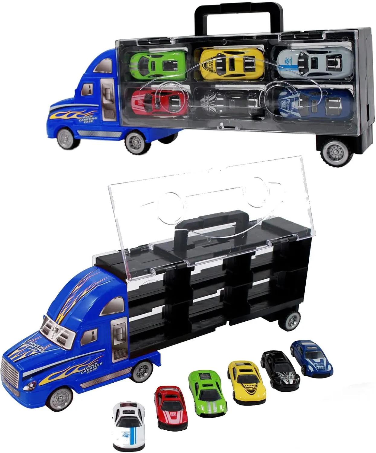 BPC Truck Transporter Car Carrier with 6 Vibrant Colorful Toy Metal Cars, Excellent Gift for Boys/Girls