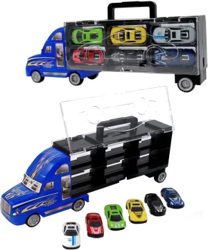 BPC Truck Transporter Car Carrier with 6 Vibrant Colorful Toy Metal Cars, Excellent Gift for Boys/Girls