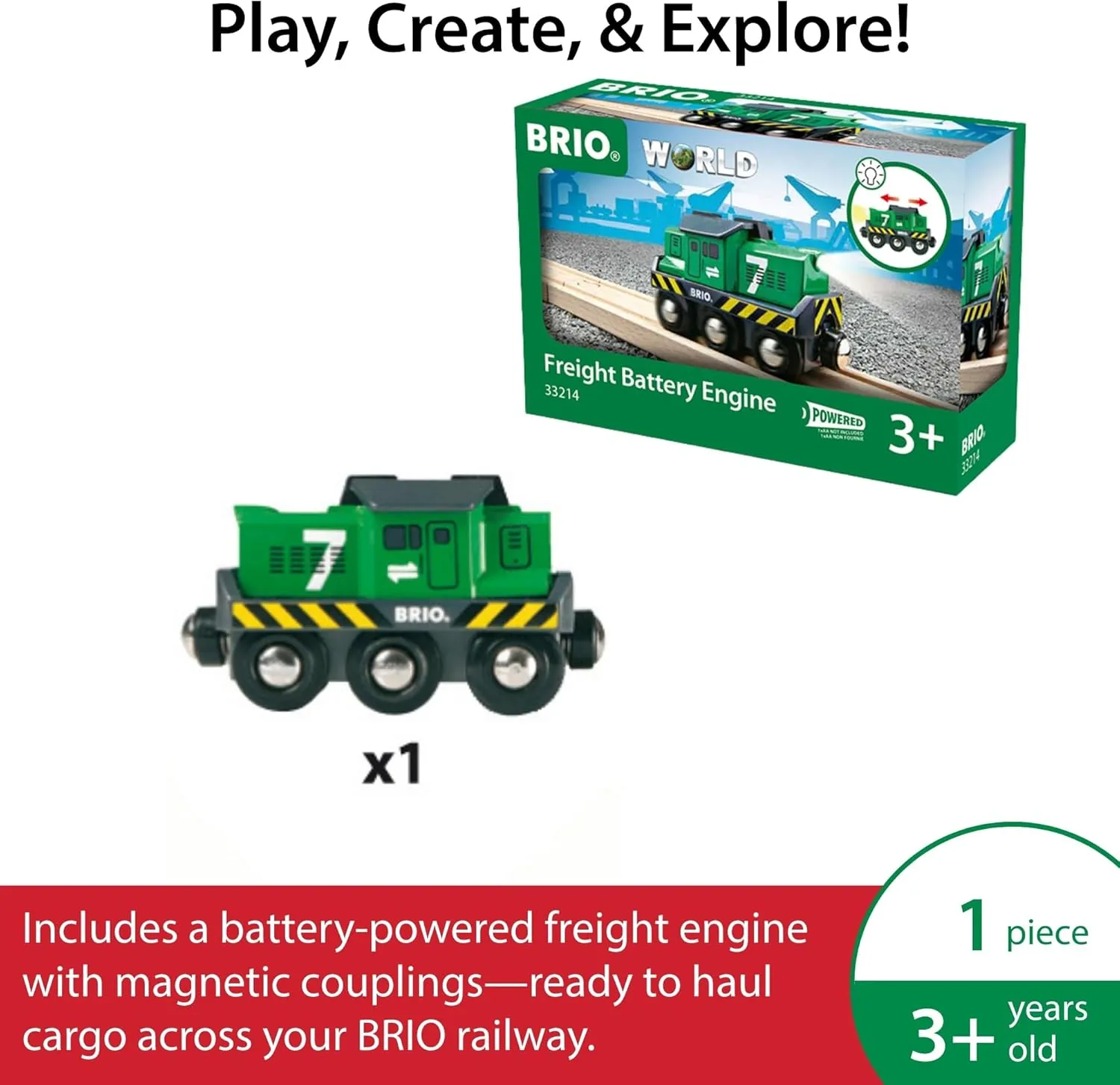 BRIO World 33214 - Freight Battery Engine - Engaging Wooden Toy Train Set for Kids Age 3 and Up | Battery Powered | Interactive Play | Ideal