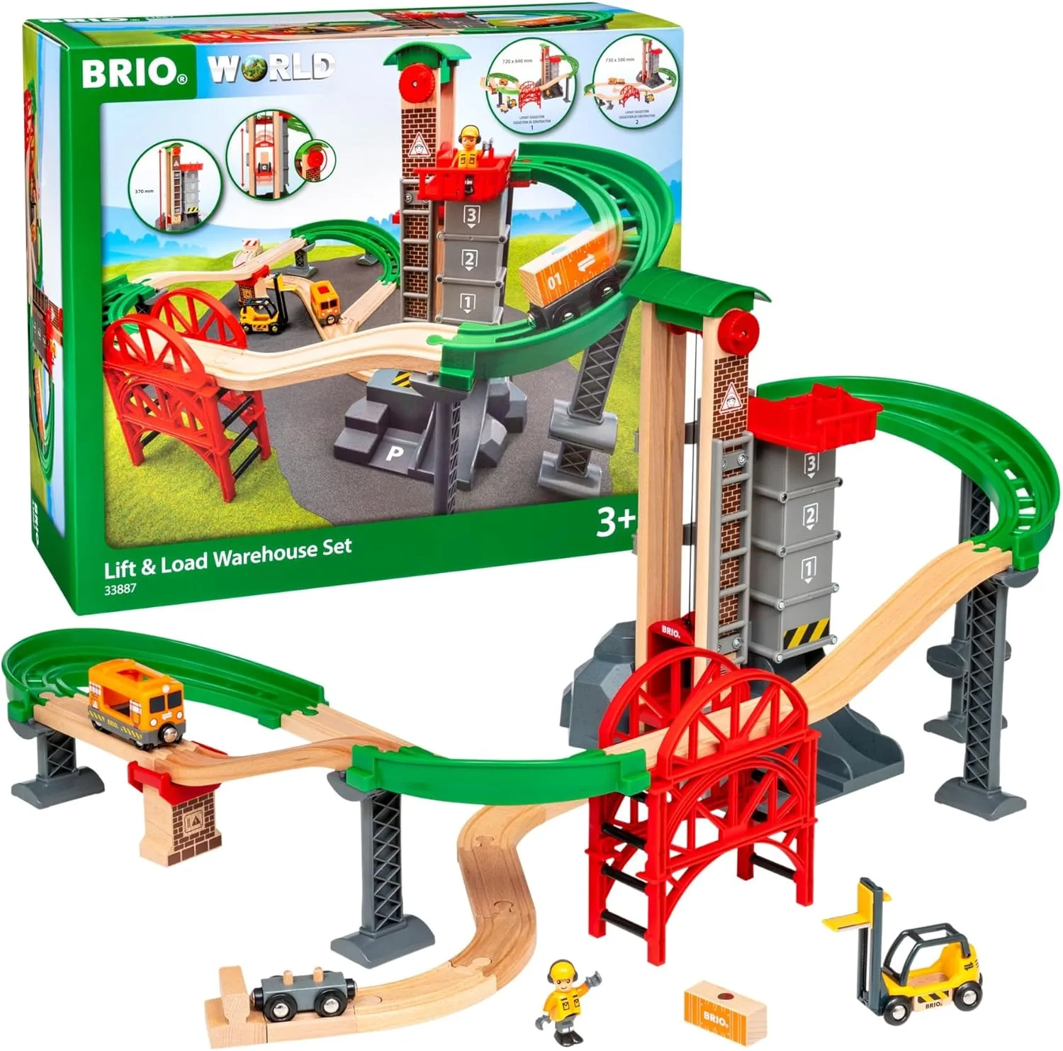 BRIO World Lift & Load Warehouse Set - 32-Piece FSC-Certified Wood Train Set - Works with All Wooden Railway Sets - Includes 4-Level Elevator, Vehicles, Tracks & Full Lift Load Station - Ages 3 