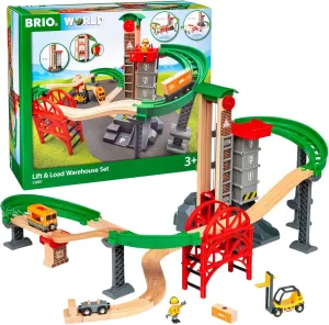 BRIO World Lift & Load Warehouse Set - 32-Piece FSC-Certified Wood Train Set - Works with All Wooden Railway Sets - Includes 4-Level Elevator, Vehicles, Tracks & Full Lift Load Station - Ages 3 