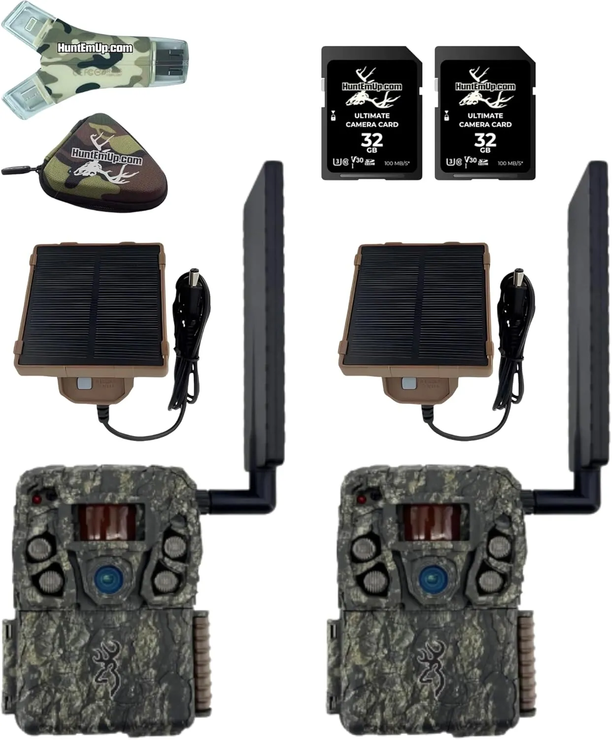 Browning Defender Vision Pro AI Trail Camera Double Bundle with Browning Micro Solar Panel, 2pc 32GB SD Cards   High-Speed Card Reader with Zipper case