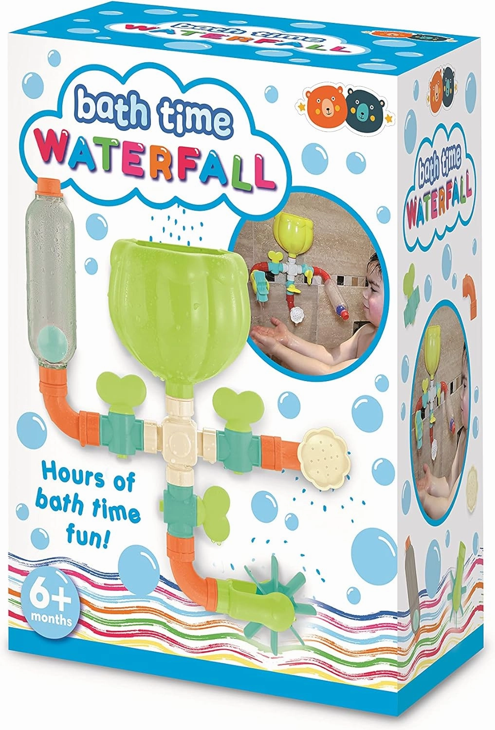 BUDDY & BARNEY Bath Time Waterfall Toddler Toy Set, Fun Early Learning Waterworks Building Set (11 Pieces), Bath Pipes with Valves & Water Wheel for Toddlers 6 Months 