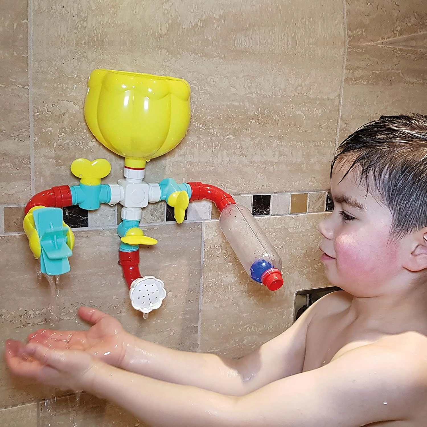 BUDDY & BARNEY Bath Time Waterfall Toddler Toy Set, Fun Early Learning Waterworks Building Set (11 Pieces), Bath Pipes with Valves & Water Wheel for Toddlers 6 Months 
