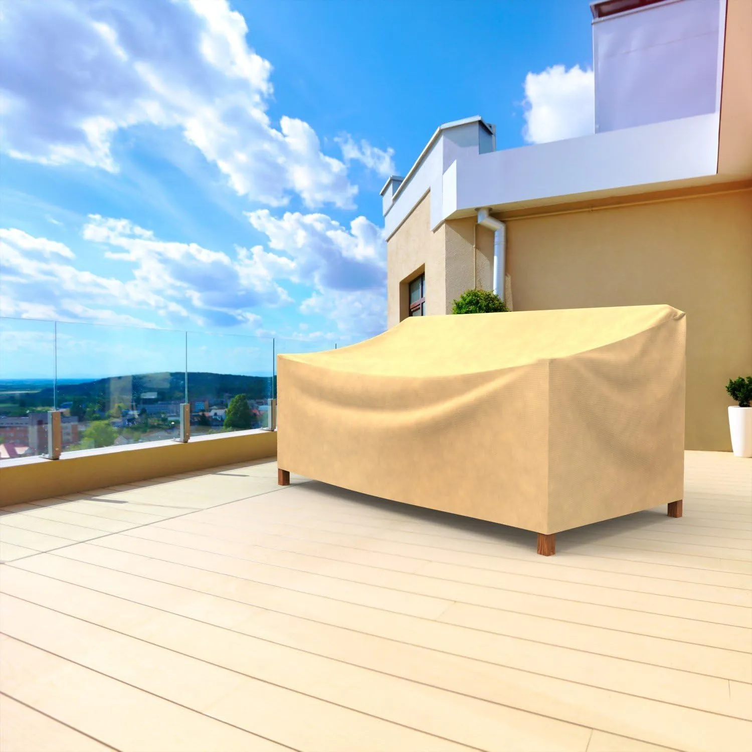 Budge All Seasons Patio Sofa Cover Lightweight, UV-Resistant, Medium, Tan