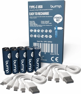 BUMP NiMH AAA Rechargeable Batteries 1.2V - 10 Pack Long Lasting (1000mAh) - Reusable Battery Replacement with 4-in-1 USB-C Charging Cords - Ideal for Flashlights, Remote Controls, and Cordless Phones