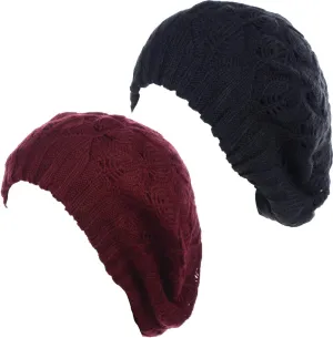 BYOS Women Mid-Weight Slouchy Leafy Cutout Crochet Soft Knit French Beret Hat