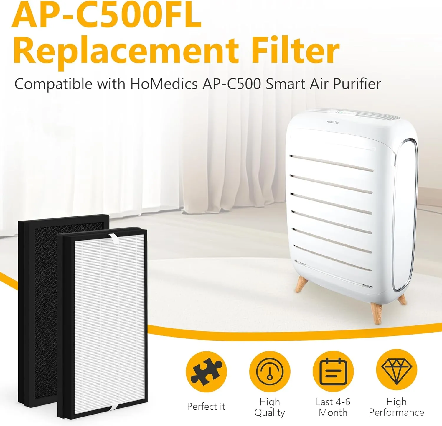 C500FL True HEPA Replacement Filter Compatible with Homedics AP-C500 and AP-C550 Smart Air Purifier, 3-in-1 Filter, Efficiency Activated Carbon, AP-C500FL, 2 Pack