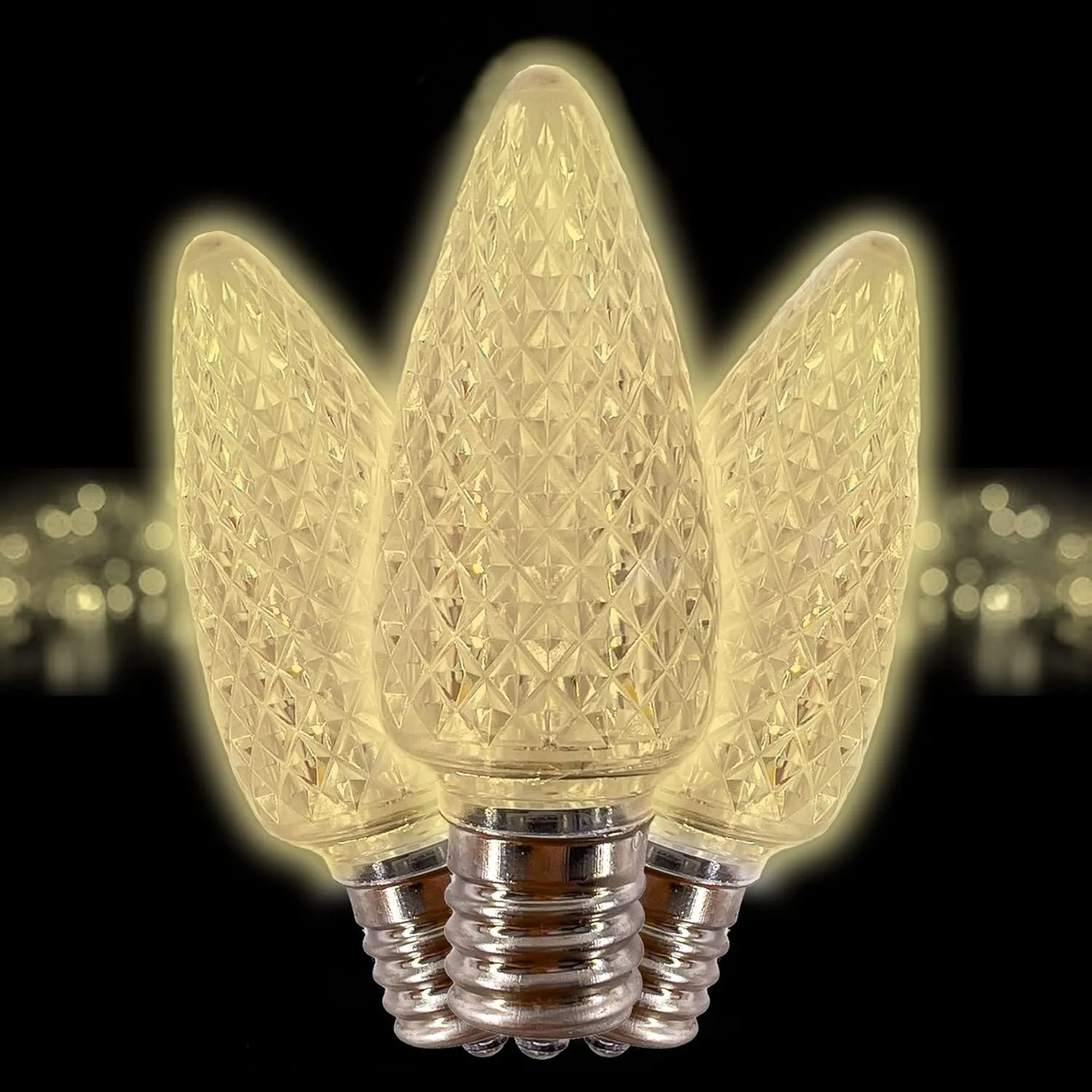 C9 Christmas Lights LED Bulb (Pack of 25) Soft Warm White Replacement Christmas Light Bulbs Faceted Retrofit Candle Shape Commercial Grade E17 Socket Roof Lights Bulbs