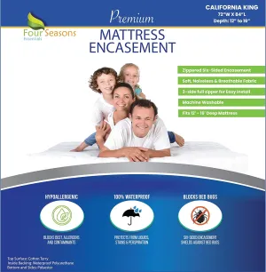 California King Size Zippered Mattress Protector - Waterproof Mattress Cover - Hypoallergenic Dust Allergy Proof Bed Encasement - Deep Pocket Cotton Terry Top White