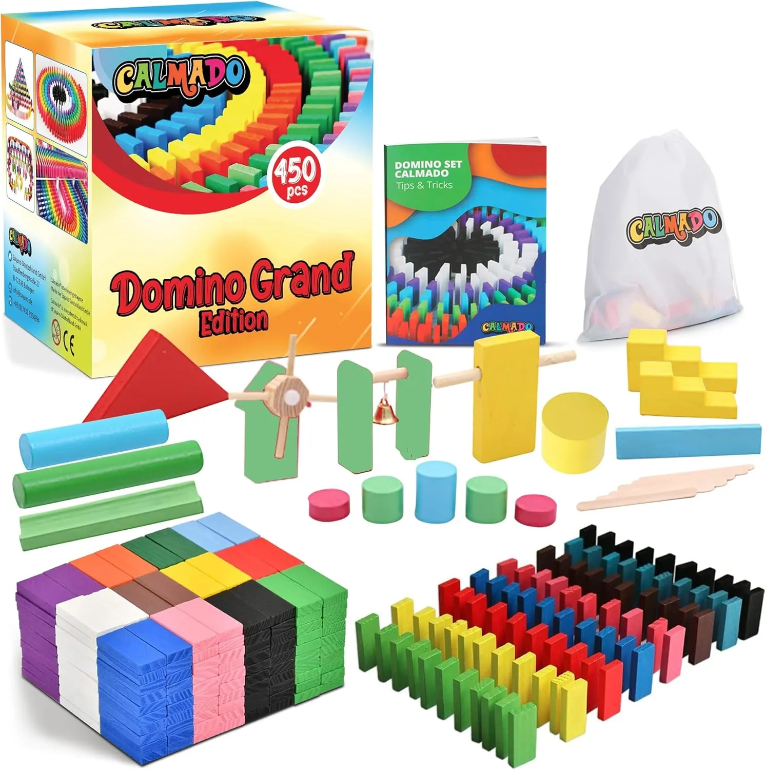 Calmado – 450 PCS Wooden Dominos for Kids - Domino Toys for Outdoor or Indoor Game, Dominos for Kids Ages 4-12 Including Bag, Instruction Manual & Accessories