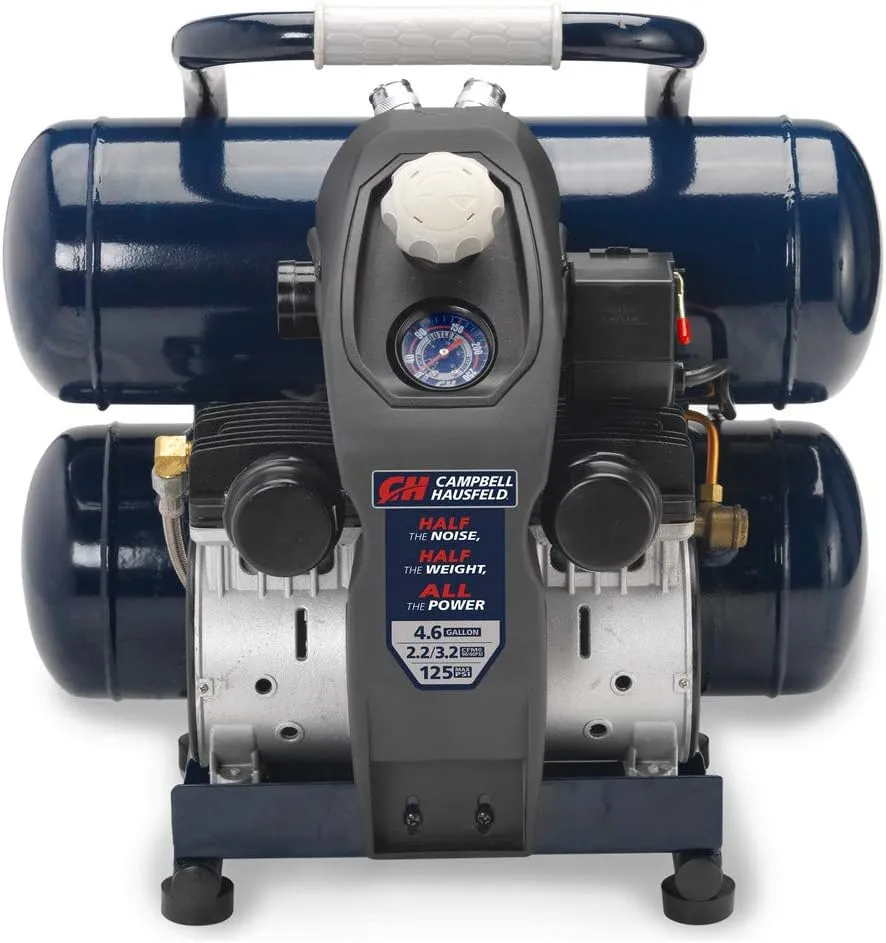 CAMPBELL HAUSFELD Air Compressor, 4.6 Gallon Air Compressor, Twin Stack Compressor, Lightweight, Quiet Operation 68 dB, 125 Max PSI, Half the noise and lightweight All of the Power