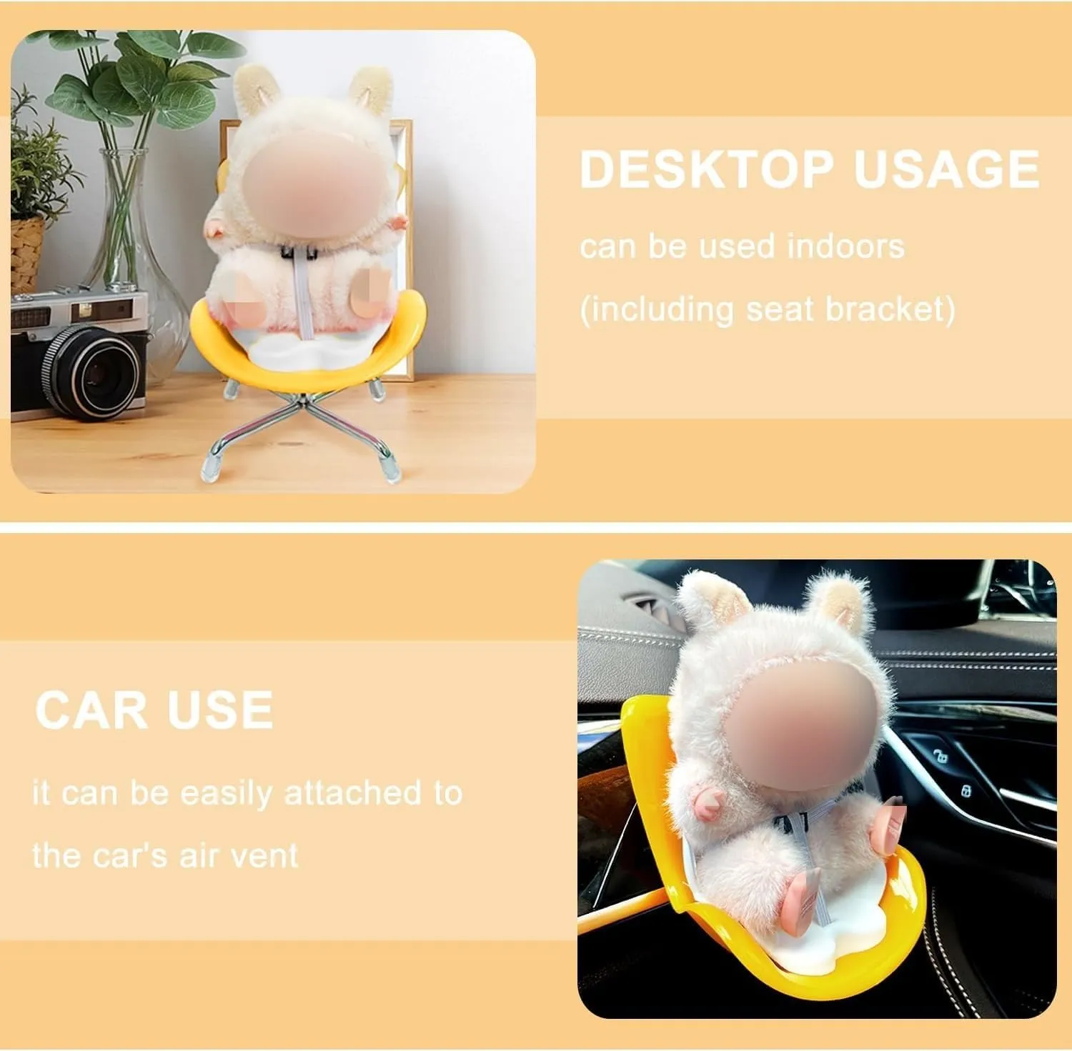Car Seat for Dolls with Desktop Stand for Display,Clip on Car Air Vent,Cute Chair Seat Accessories (Yellow)