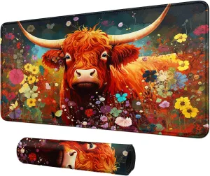 Card Mat for MTG & TCG Playmat Mouse Pad,23.6" x 13.8" Game Mat for MTG RPG CCG Trading Card Game Playmats Table Mat Perfect for Card Games Video Games Computer Office,Cow and Flowers