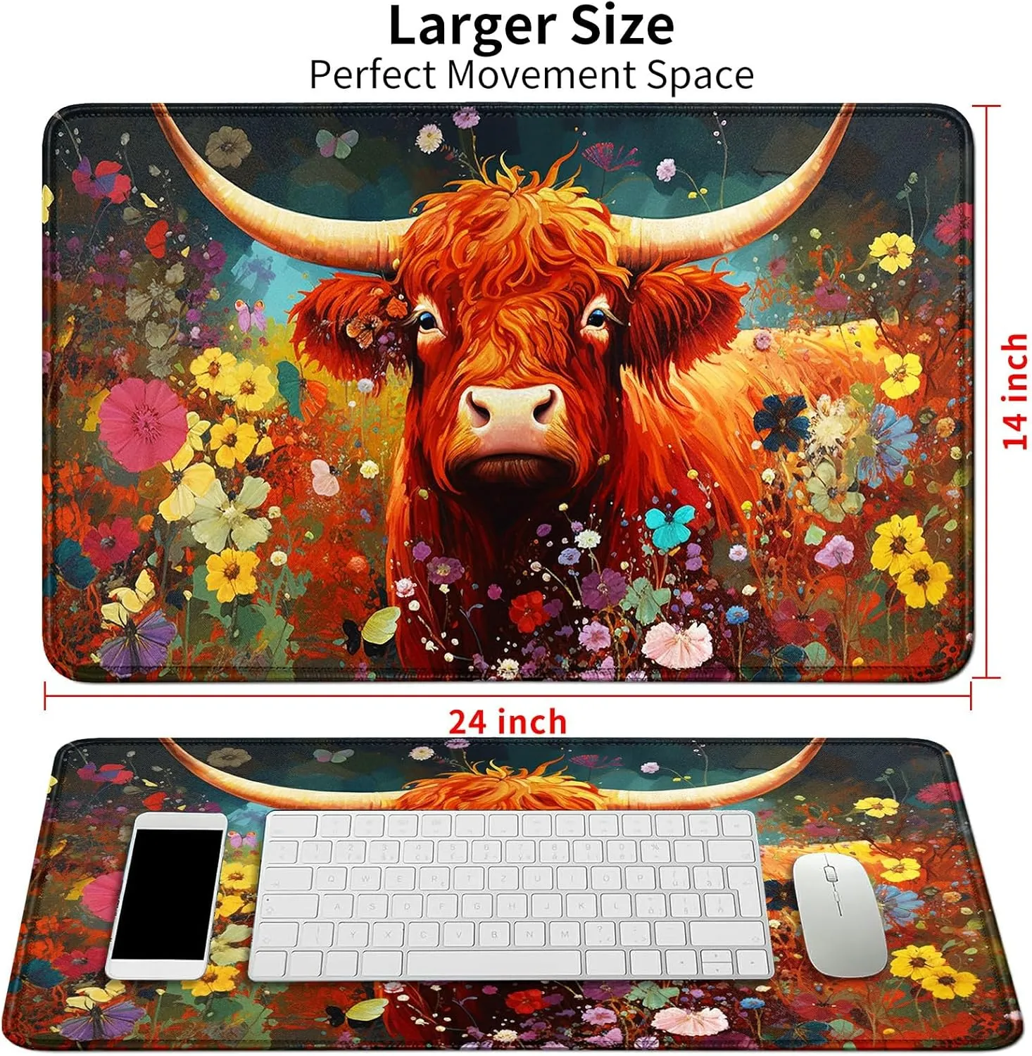 Card Mat for MTG & TCG Playmat Mouse Pad,23.6" x 13.8" Game Mat for MTG RPG CCG Trading Card Game Playmats Table Mat Perfect for Card Games Video Games Computer Office,Cow and Flowers