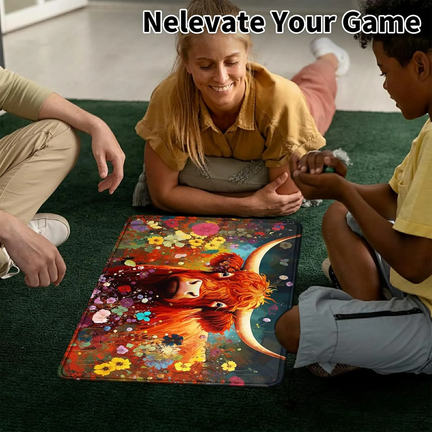 Card Mat for MTG & TCG Playmat Mouse Pad,23.6" x 13.8" Game Mat for MTG RPG CCG Trading Card Game Playmats Table Mat Perfect for Card Games Video Games Computer Office,Cow and Flowers