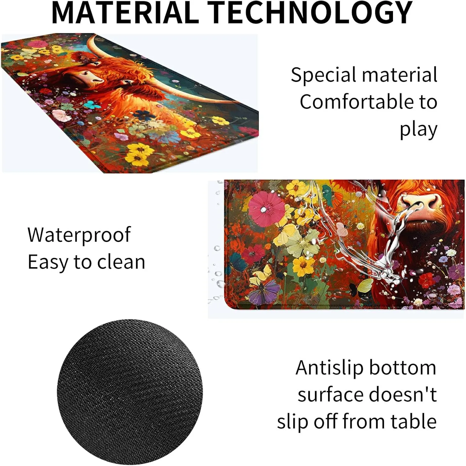 Card Mat for MTG & TCG Playmat Mouse Pad,23.6" x 13.8" Game Mat for MTG RPG CCG Trading Card Game Playmats Table Mat Perfect for Card Games Video Games Computer Office,Cow and Flowers