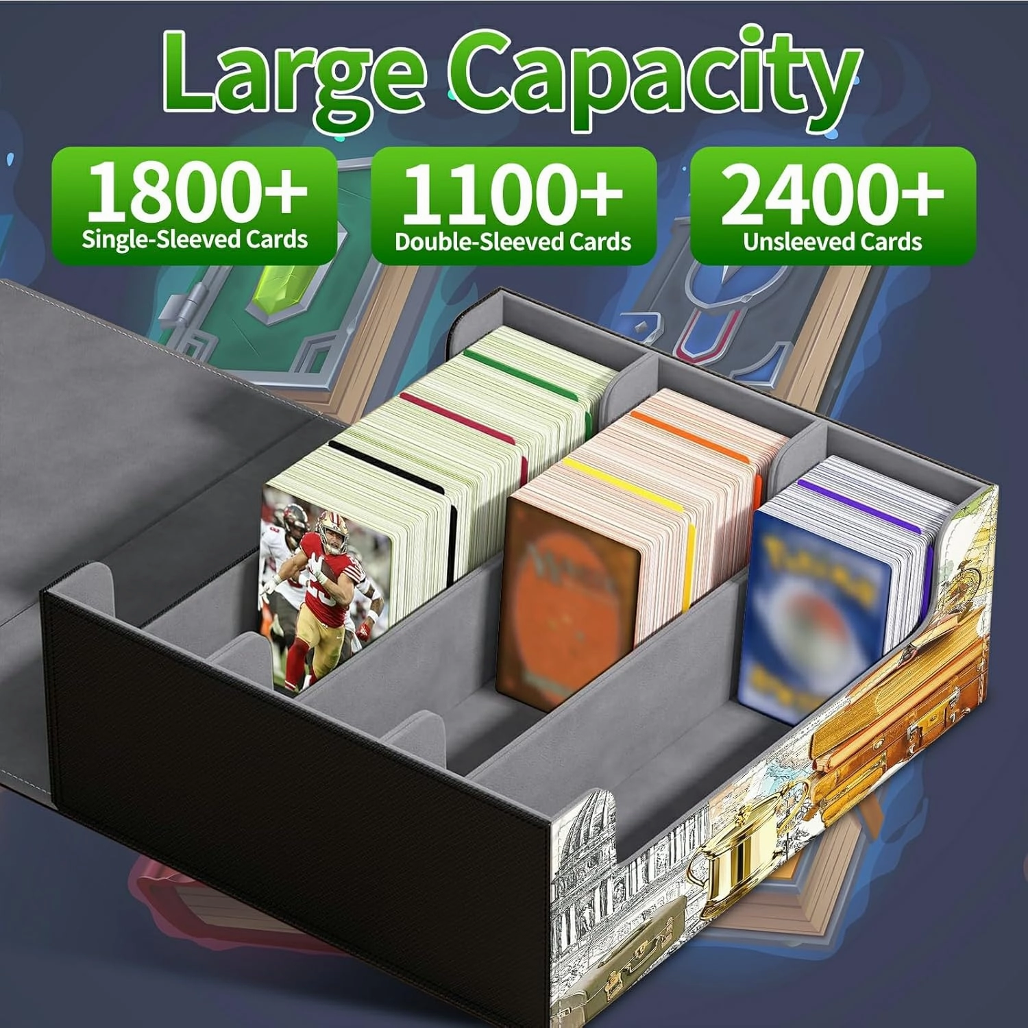 Card Deck Box for MTG, Cards Storage Box Fits 120  Sleeved, Leather Big Size Strong Magnetic Closing Case for Board Games Magic TCG CCG Baseball Collection Women Man, Retro Map
