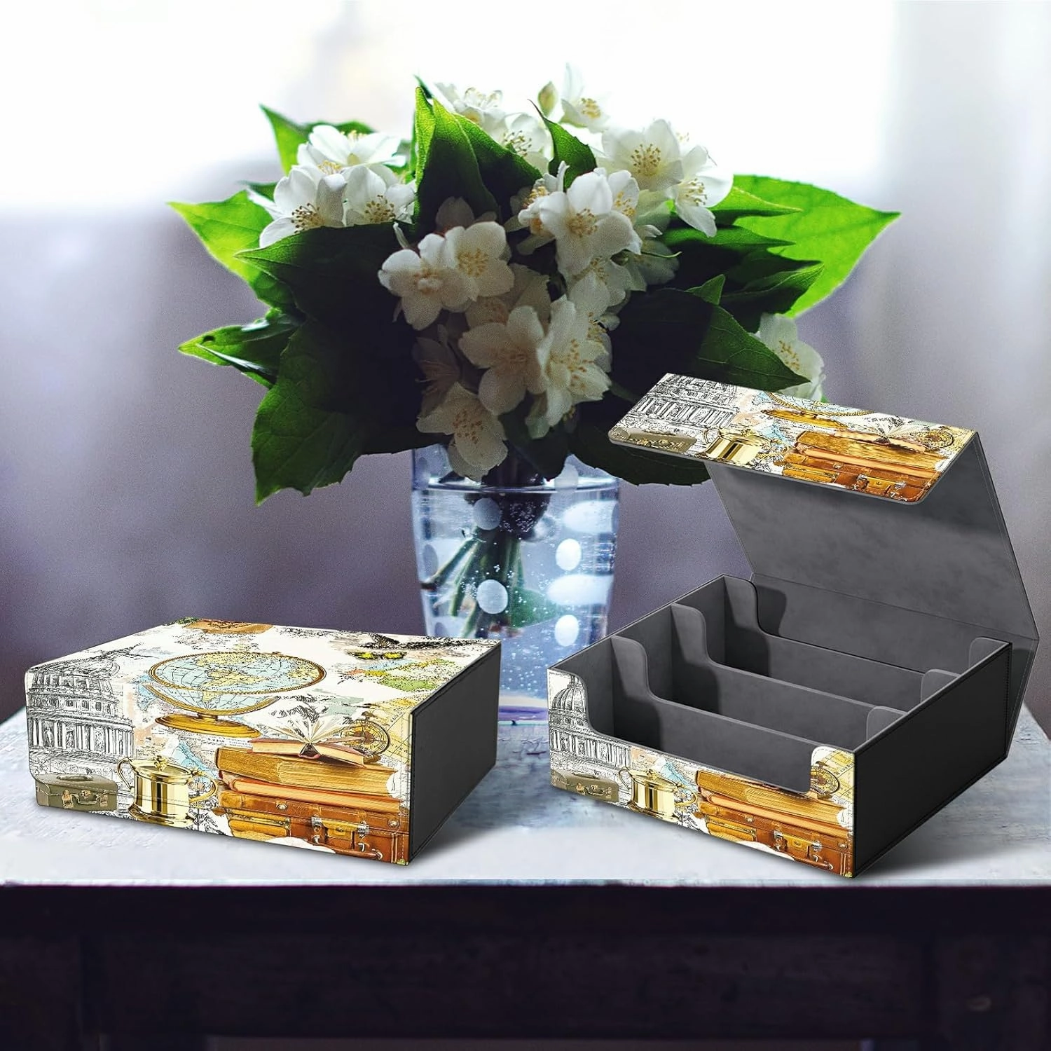 Card Deck Box for MTG, Cards Storage Box Fits 120  Sleeved, Leather Big Size Strong Magnetic Closing Case for Board Games Magic TCG CCG Baseball Collection Women Man, Retro Map