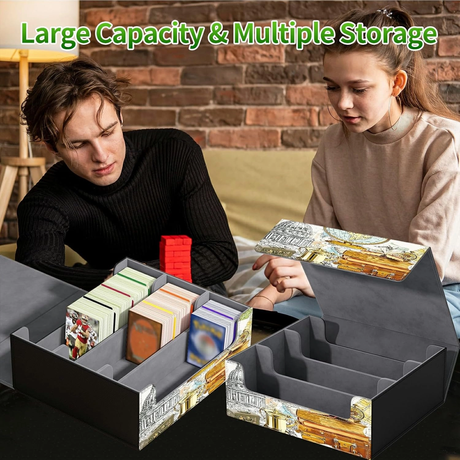 Card Deck Box for MTG, Cards Storage Box Fits 120  Sleeved, Leather Big Size Strong Magnetic Closing Case for Board Games Magic TCG CCG Baseball Collection Women Man, Retro Map
