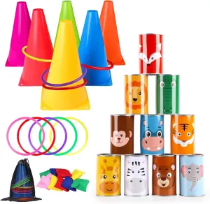 Carnival Games Combo Set 4 in 1 Bean Bag Toss Can Games Soft Plastic Cones Ring Toss Game, Carnival Party Supplies for Kids Adults Yard Toys Indoor Outdoor Lawn Games