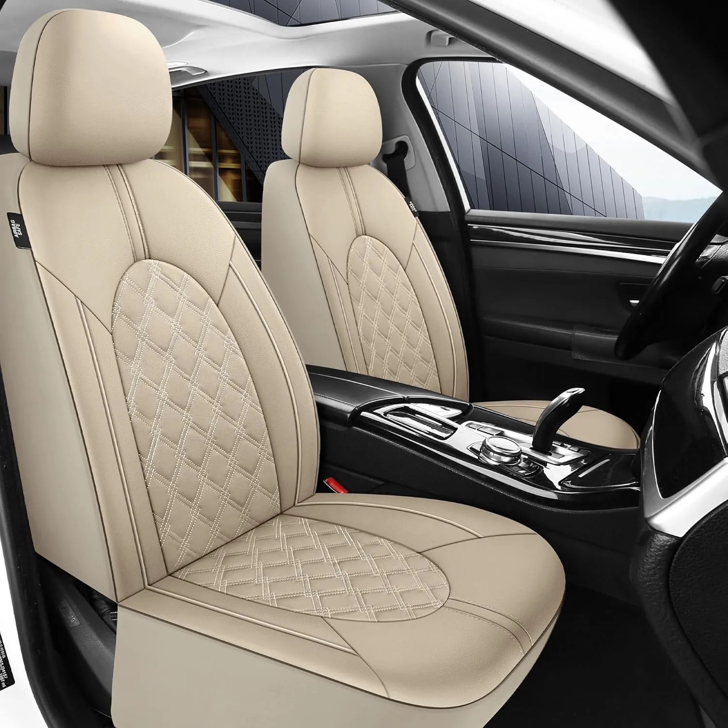 CAROMOP Luxury PU Leather Car Seat Covers Full Set-Waterproof Seat Protectors with Split Bench Seat Covers for Cars-Universal Cars Interior Covers for Sedans, SUVs, Pick-up Trucks(Beige/Beige Line)