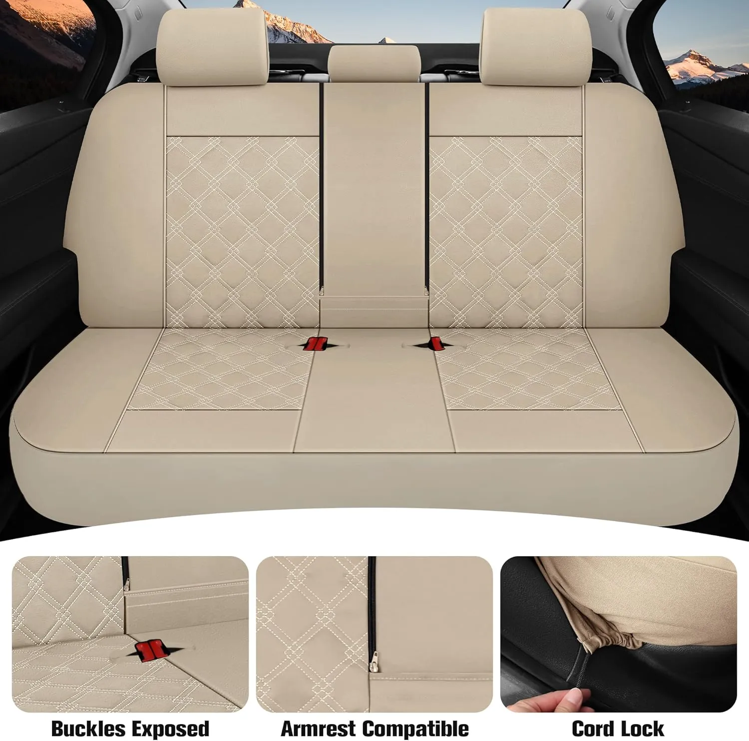 CAROMOP Luxury PU Leather Car Seat Covers Full Set-Waterproof Seat Protectors with Split Bench Seat Covers for Cars-Universal Cars Interior Covers for Sedans, SUVs, Pick-up Trucks(Beige/Beige Line)