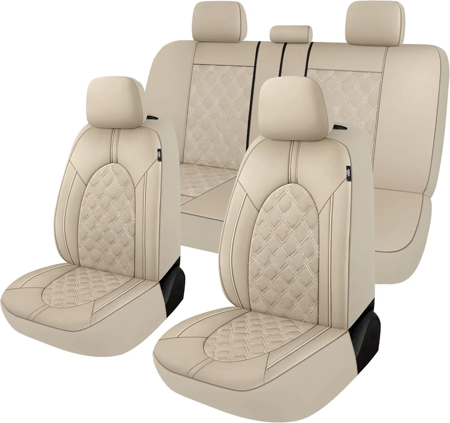 CAROMOP Luxury PU Leather Car Seat Covers Full Set-Waterproof Seat Protectors with Split Bench Seat Covers for Cars-Universal Cars Interior Covers for Sedans, SUVs, Pick-up Trucks(Beige/Beige Line)