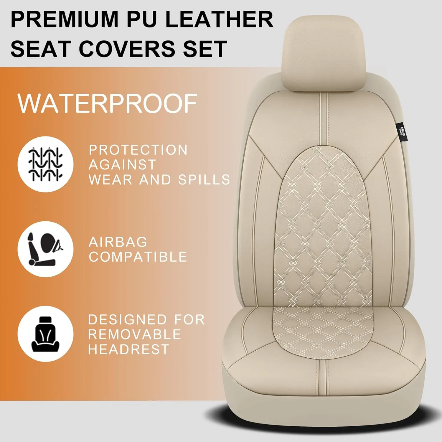 CAROMOP Luxury PU Leather Car Seat Covers Full Set-Waterproof Seat Protectors with Split Bench Seat Covers for Cars-Universal Cars Interior Covers for Sedans, SUVs, Pick-up Trucks(Beige/Beige Line)