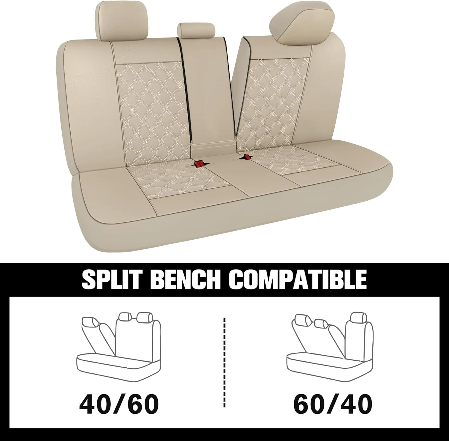 CAROMOP Luxury PU Leather Car Seat Covers Full Set-Waterproof Seat Protectors with Split Bench Seat Covers for Cars-Universal Cars Interior Covers for Sedans, SUVs, Pick-up Trucks(Beige/Beige Line)