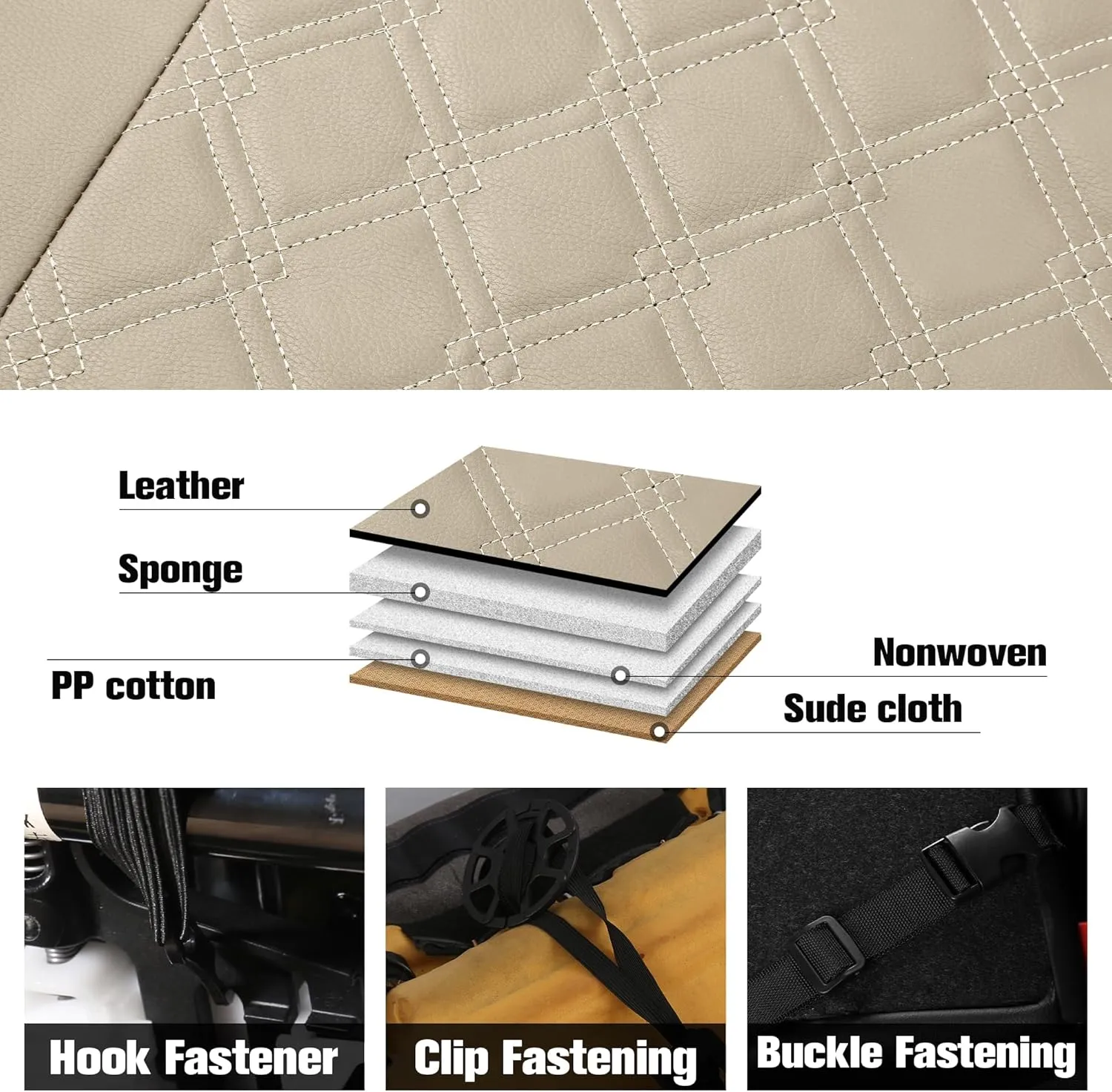 CAROMOP Luxury PU Leather Car Seat Covers Full Set-Waterproof Seat Protectors with Split Bench Seat Covers for Cars-Universal Cars Interior Covers for Sedans, SUVs, Pick-up Trucks(Beige/Beige Line)