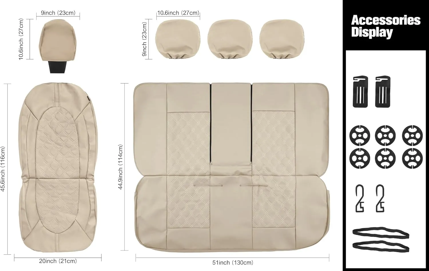 CAROMOP Luxury PU Leather Car Seat Covers Full Set-Waterproof Seat Protectors with Split Bench Seat Covers for Cars-Universal Cars Interior Covers for Sedans, SUVs, Pick-up Trucks(Beige/Beige Line)