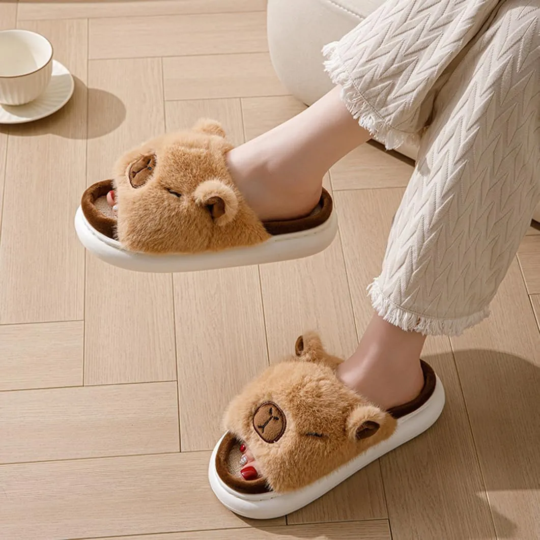 Cartoon Capybara Fuzzy Fluffy Animal Shape Slippers, Womens Mens Four Seasons Linen Couple's Home Shoes Indoor and Outdoor