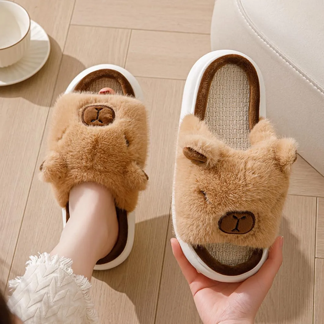 Cartoon Capybara Fuzzy Fluffy Animal Shape Slippers, Womens Mens Four Seasons Linen Couple's Home Shoes Indoor and Outdoor
