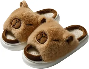 Cartoon Capybara Fuzzy Fluffy Animal Shape Slippers, Womens Mens Four Seasons Linen Couple's Home Shoes Indoor and Outdoor