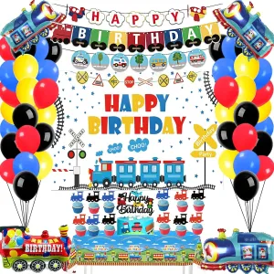 Cartoon Train Theme Birthday Party Decorations Choo Choo Train Theme Happy Birthday Banner Backdrop Transportation Party Decorations