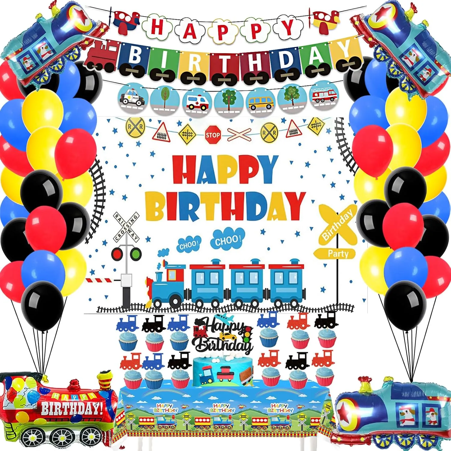 Cartoon Train Theme Birthday Party Decorations Choo Choo Train Theme Happy Birthday Banner Backdrop Transportation Party Decorations