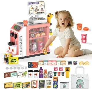 Cash Register Playset for Kids - 48PCS with Toy Coffee Machine,Pretend Play Money, Calculator, Scanner, Credit Card and Play Food for Boys and Girls！