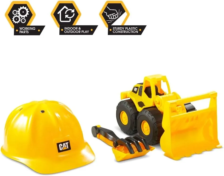 CAT Construction Toys, Front Loader Sand Set - 10" Loader, Hard Hat, & 3 Sand Tools - Kids Beach Toys And Outdoor Play