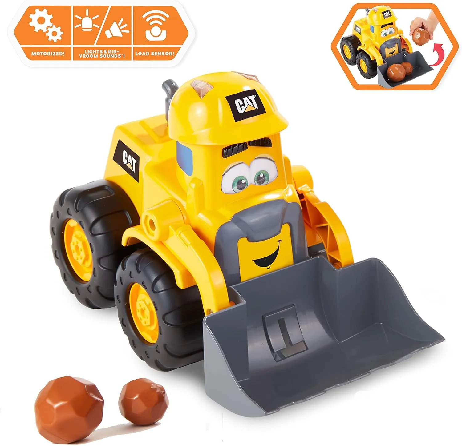 CAT Construction Toys, Front Loader Toy - Interactive Forward & Back Motion, Lights & Sounds, Animated Face - Batteries & Play Rocks Included - Ages 2 