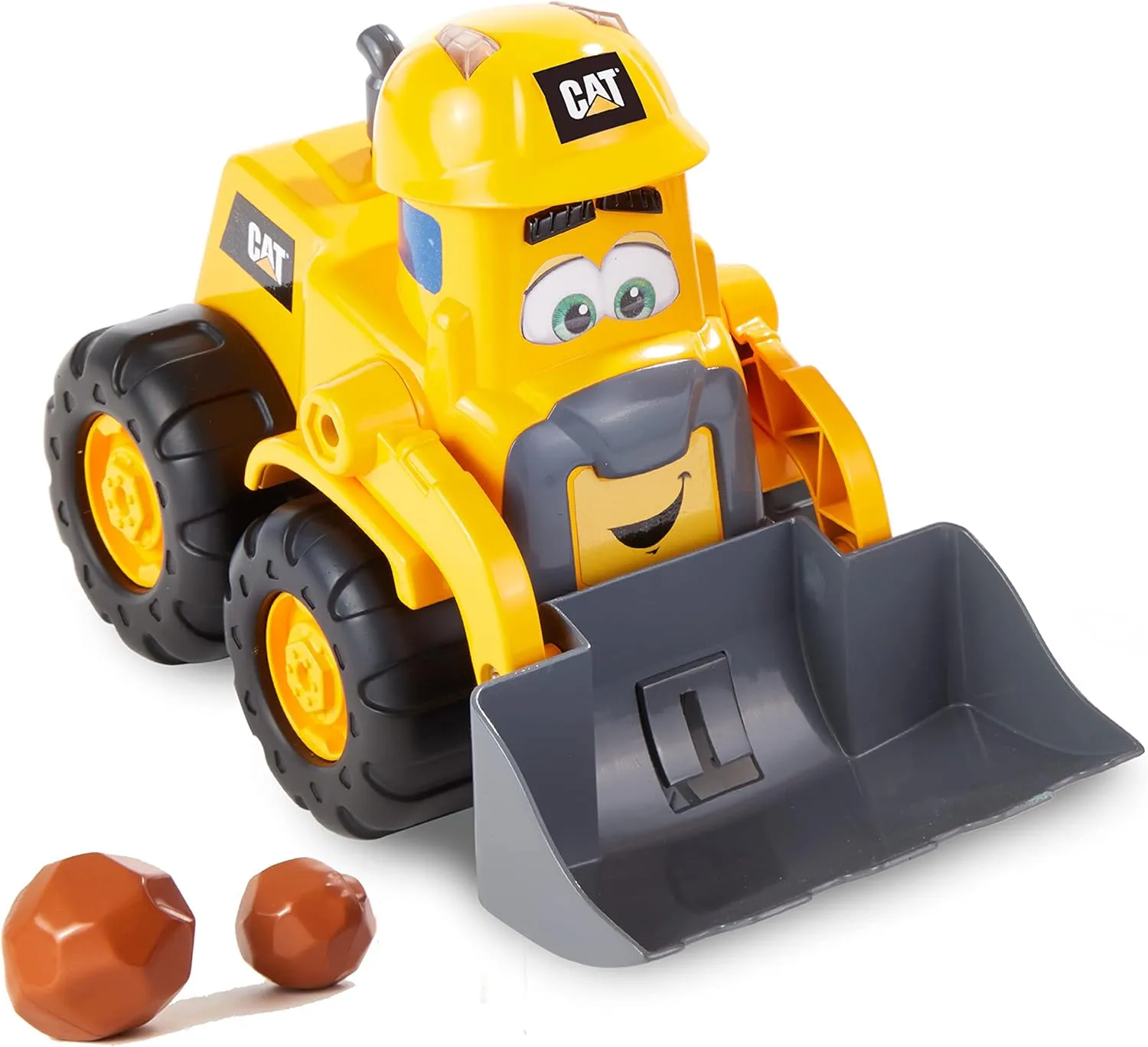 CAT Construction Toys, Front Loader Toy - Interactive Forward & Back Motion, Lights & Sounds, Animated Face - Batteries & Play Rocks Included - Ages 2 