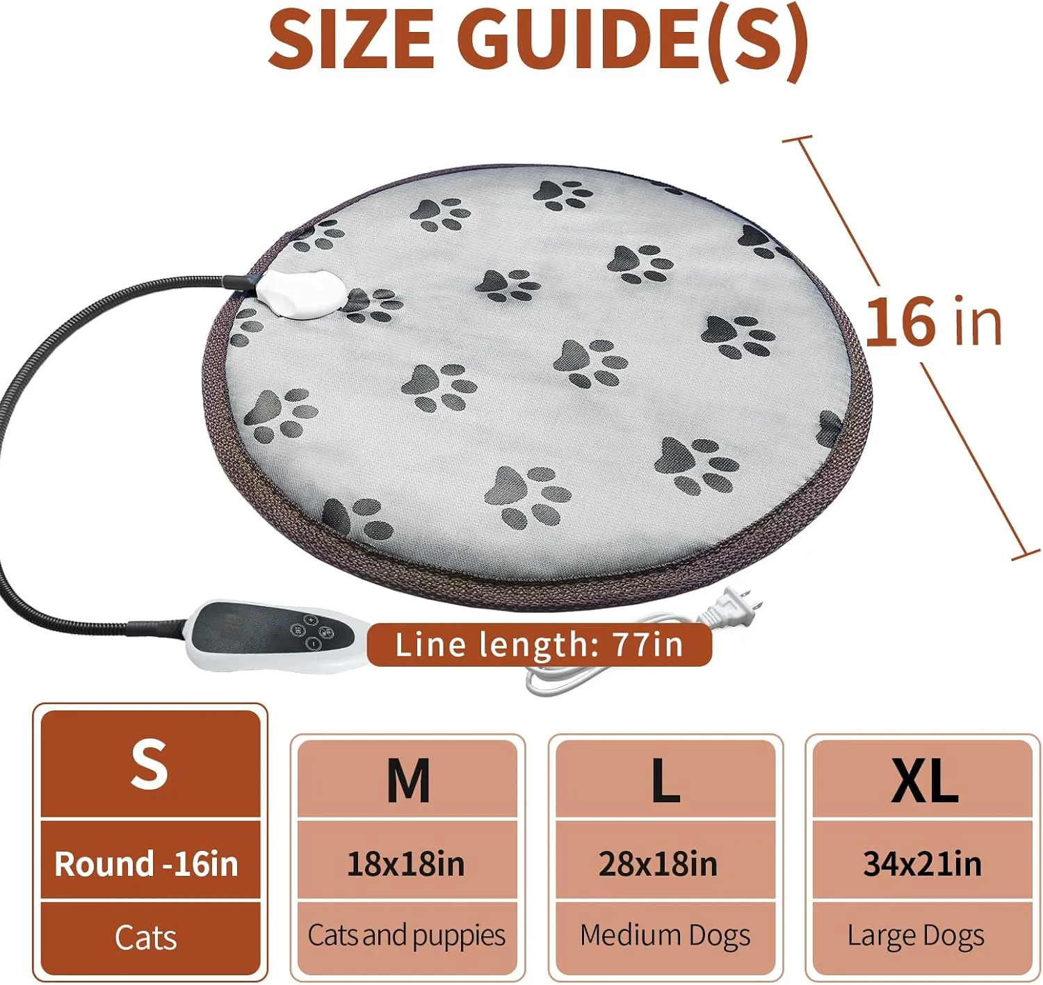 Cat Heating Pad - Round, 16in, Waterproof, Smart Thermostat, Adjustable Cat Bed, Paw Print