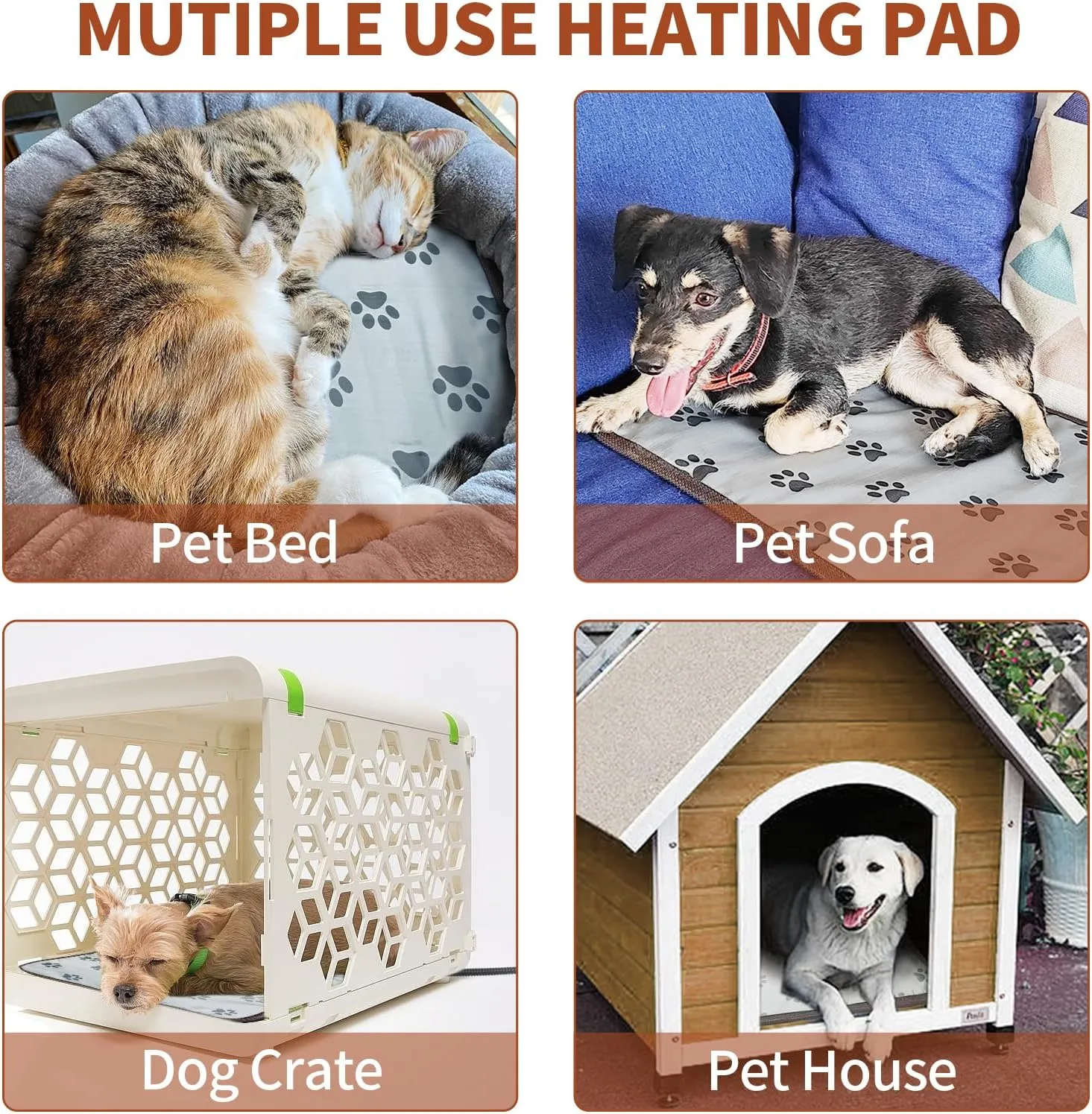 Cat Heating Pad - Round, 16in, Waterproof, Smart Thermostat, Adjustable Cat Bed, Paw Print