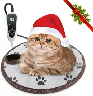 Cat Heating Pad - Round, 16in, Waterproof, Smart Thermostat, Adjustable Cat Bed, Paw Print